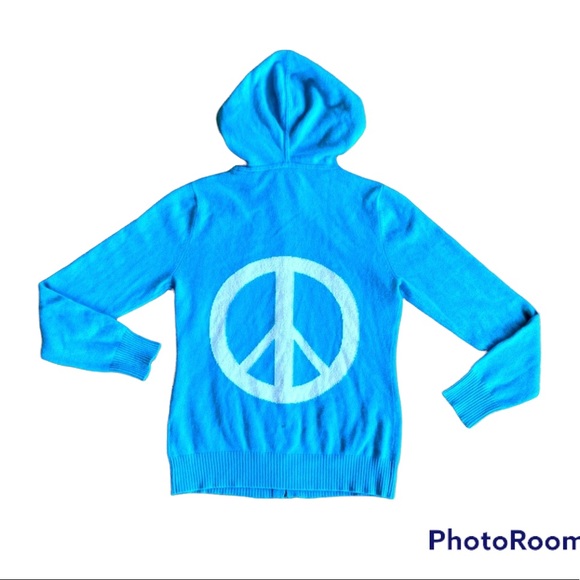 100 % Cashmere Letarte Turquoise Blue Long Sleeved Zip Up Hoodie with Peace Si… - Picture 1 of 5